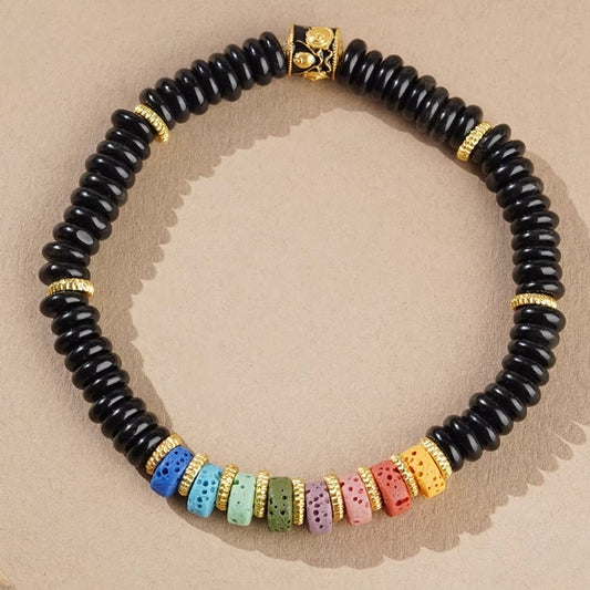 Obsidian Single-strand Bracelet with Colorful Volcanic Stones