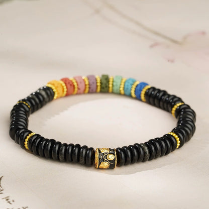 Obsidian Single-strand Bracelet with Colorful Volcanic Stones