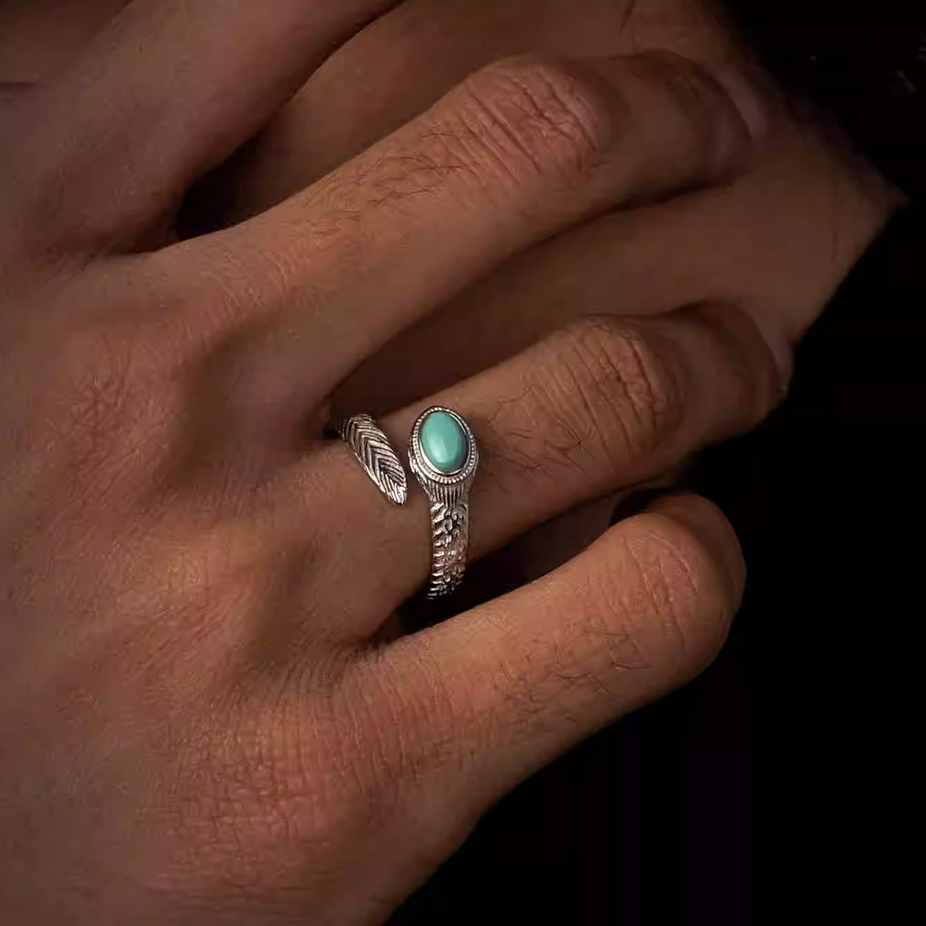 「Sky Seed」Feather silver ring inlaid with turquoise