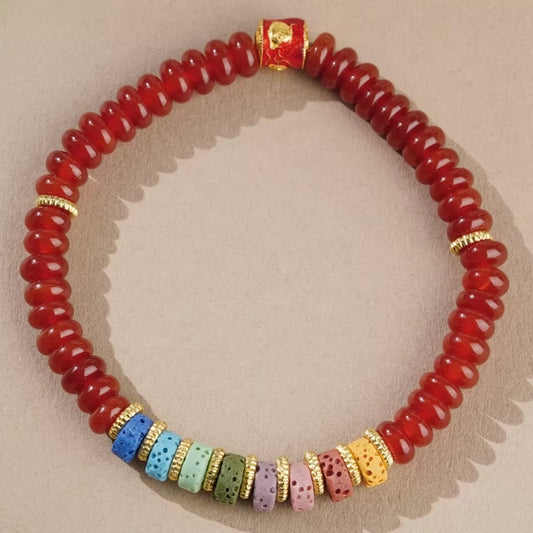 Red Agate Single-strand Bracelet with Colorful Volcanic Stones