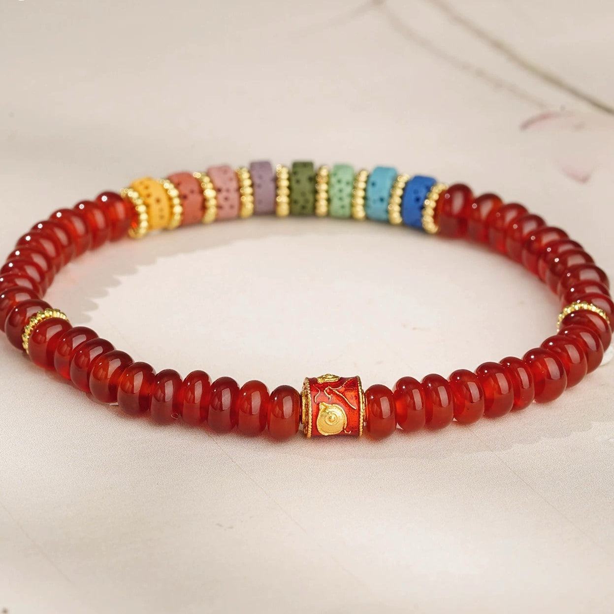 Red Agate Single-strand Bracelet with Colorful Volcanic Stones