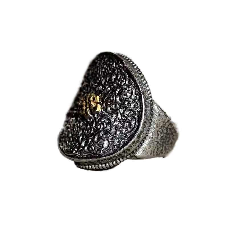 Mongolian group flower silver coin shape sterling silver ring