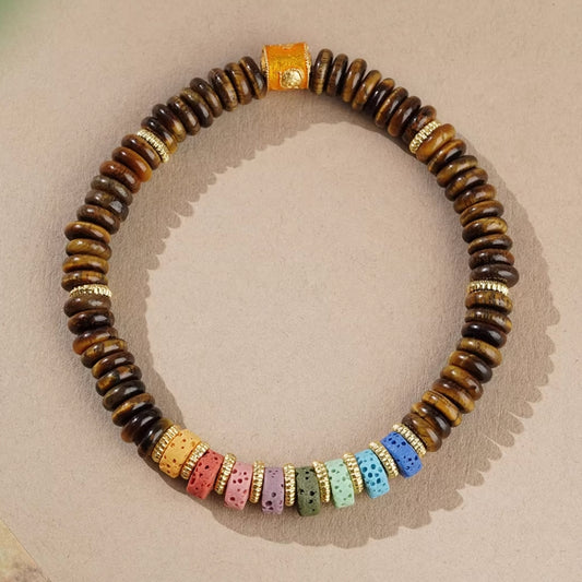 Tiger’s Eye Single-strand Bracelet with Colorful Volcanic Stones