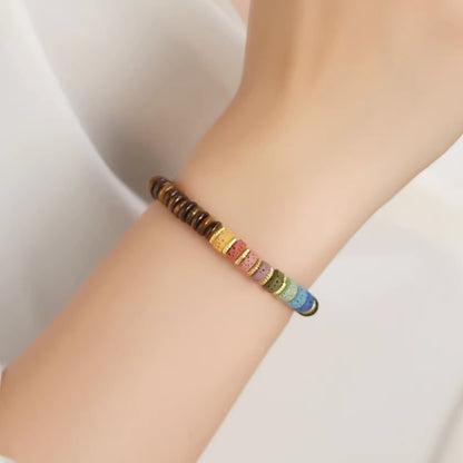 Tiger’s Eye Single-strand Bracelet with Colorful Volcanic Stones