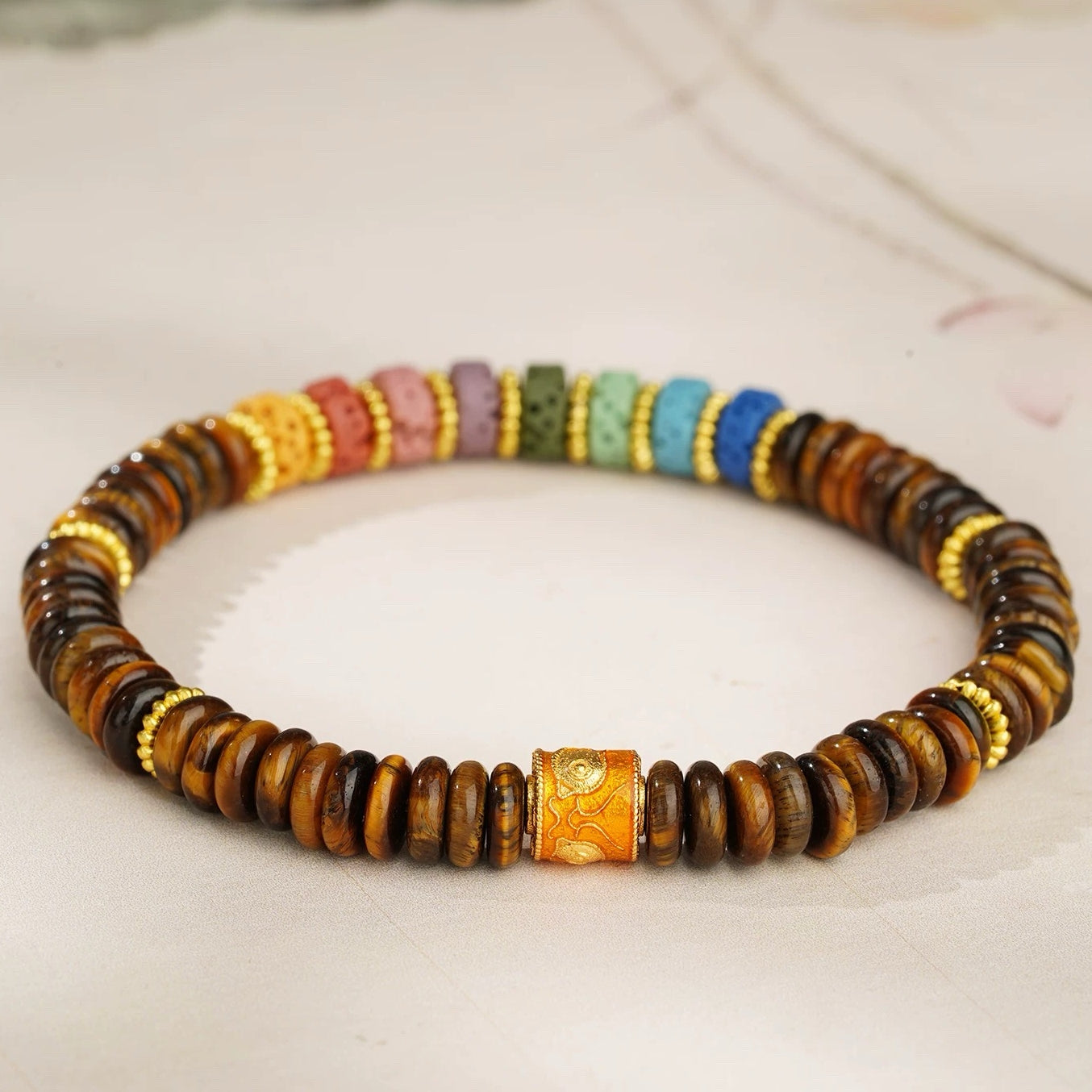 Tiger’s Eye Single-strand Bracelet with Colorful Volcanic Stones