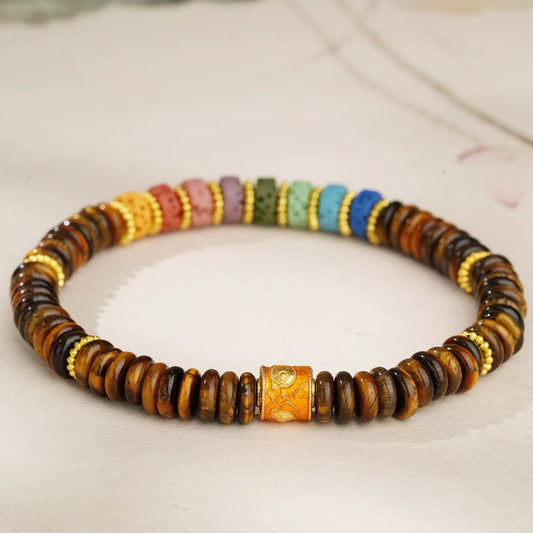 Tiger’s Eye Single-strand Bracelet with Colorful Volcanic Stones